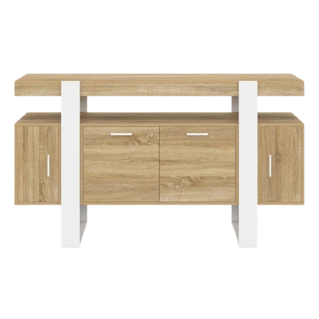 **Meuble de rangement moderne avec surface en bois et structure blanche**