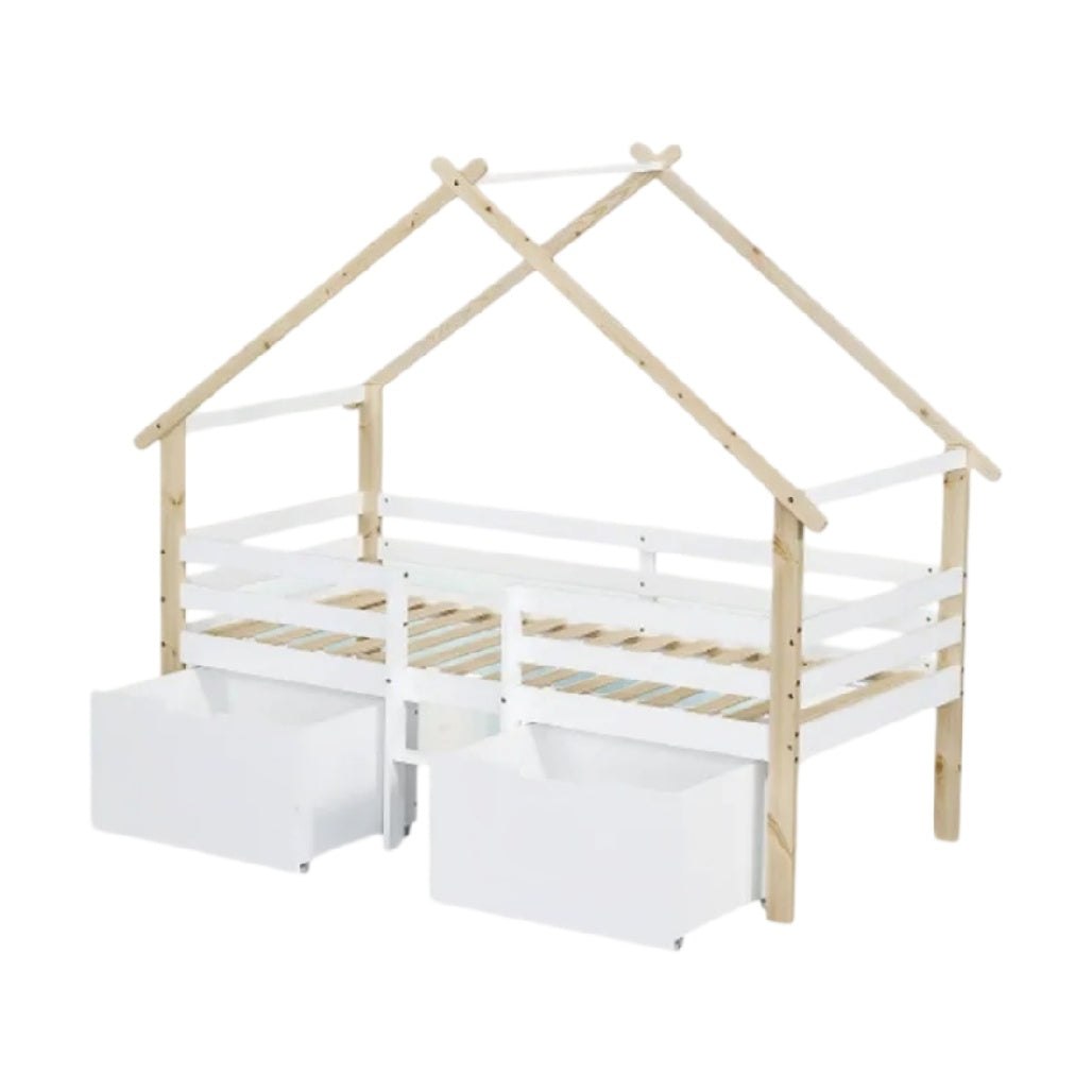 **Lit en bois en forme de maison avec tiroirs de rangement**