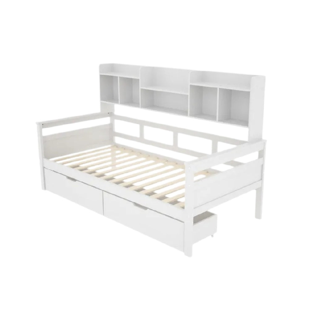 **Lit d'enfants en bois blanc avec rangement intégré**