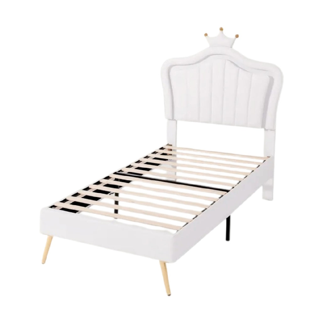 **Lit enfant design avec tête de lit en cuir blanc et pieds en bois**